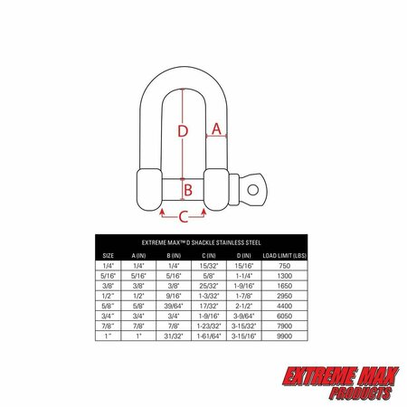 Extreme Max Extreme Max 3006.8255.4 BoatTector Stainless Steel D Shackle - 7/8", 4-Pack 3006.8255.4